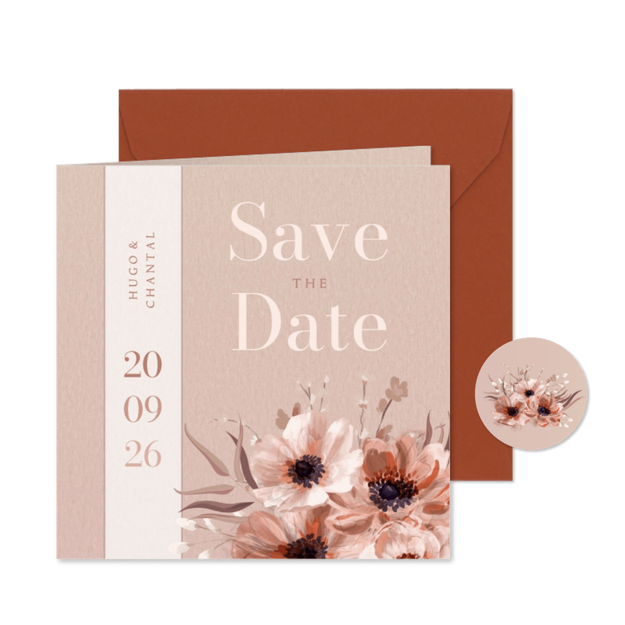 Stijlvolle save the date kaart botanisch met wikkel effect - Kaartimpressie