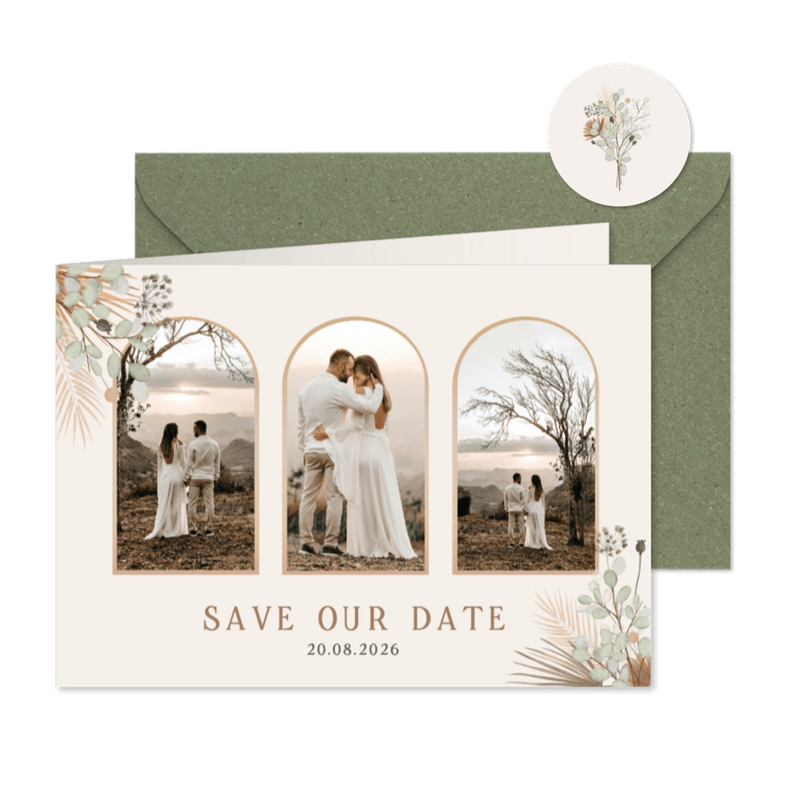 Stijlvolle Save the Date kaart droogbloemen 3 foto's - Kaartimpressie