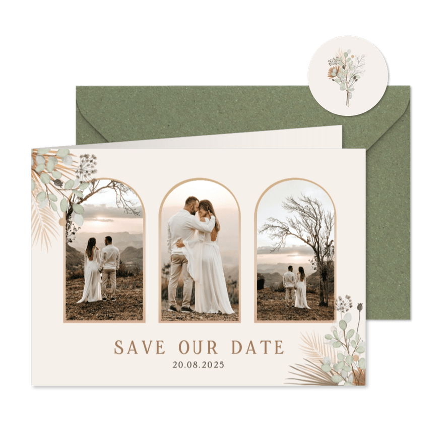 Stijlvolle Save the Date kaart droogbloemen 3 foto's - Kaartimpressie