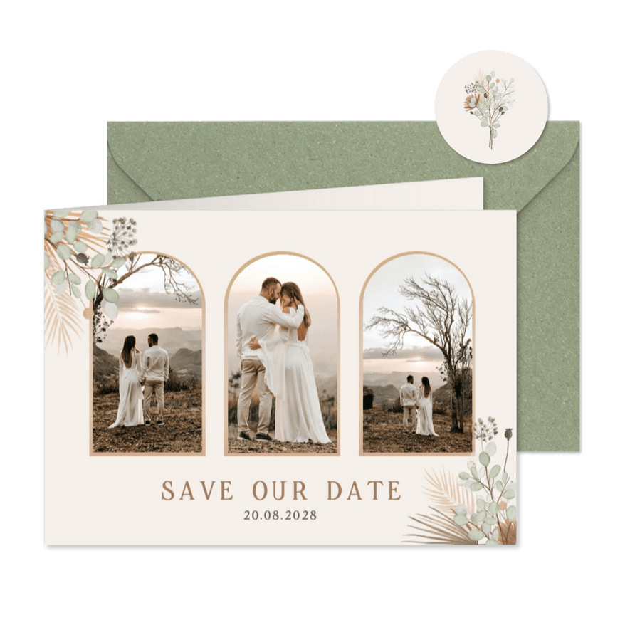 Stijlvolle Save the Date kaart droogbloemen 3 foto's - Kaartimpressie