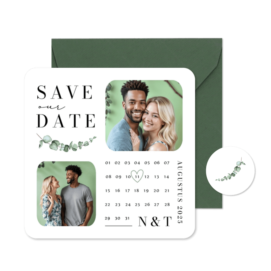 Stijlvolle save the date kaart eucalyptus kalender foto's - Kaartimpressie