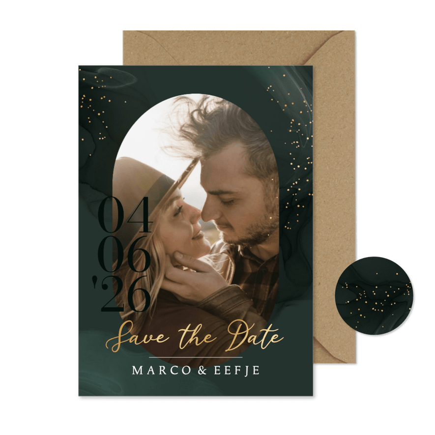 Stijlvolle save the date kaart foto datum watercolor goud - Kaartimpressie