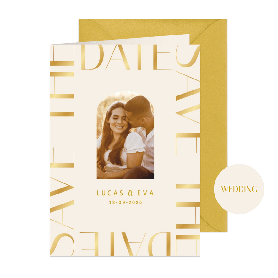 Stijlvolle save the date kaart klassieke gouden typografie - Kaartimpressie