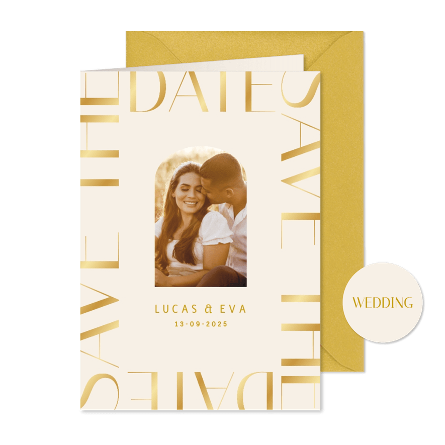 Stijlvolle save the date kaart klassieke gouden typografie - Kaartimpressie