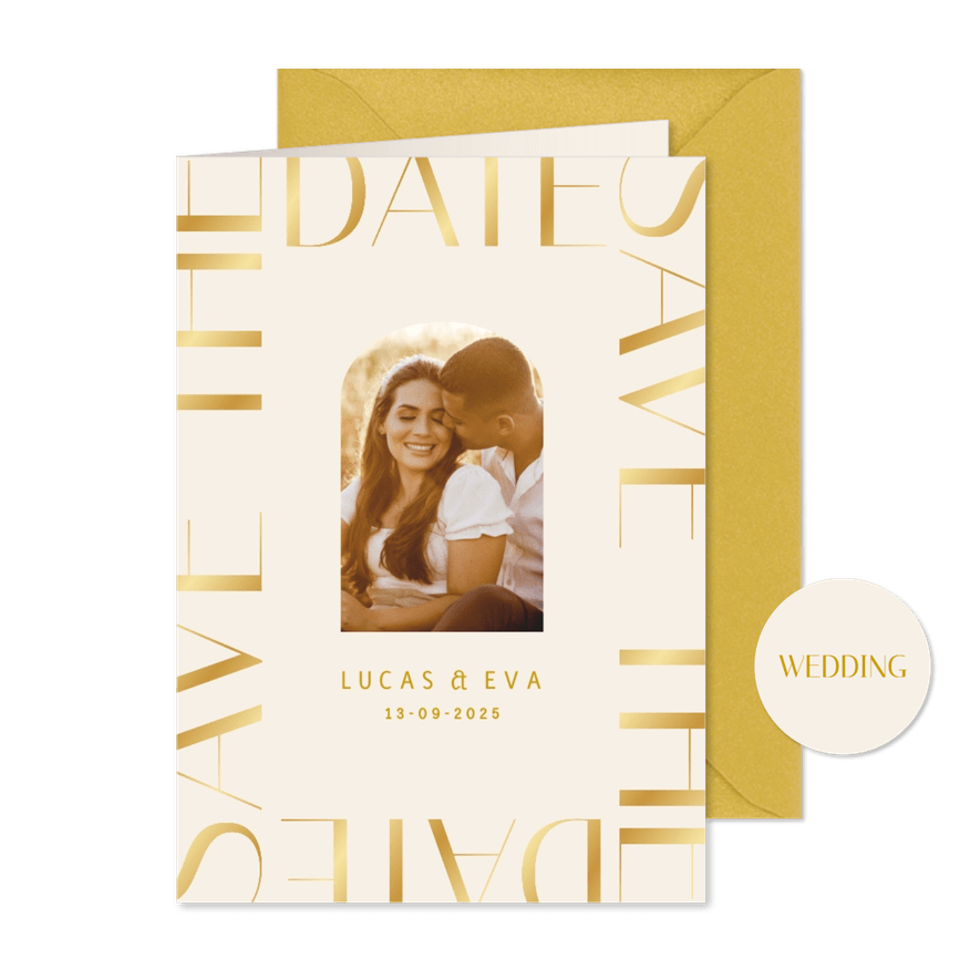 Stijlvolle save the date kaart klassieke gouden typografie - Kaartimpressie