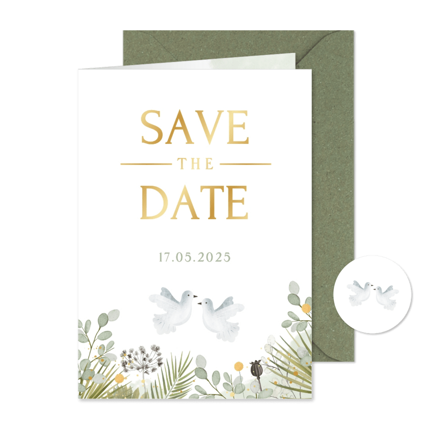 Stijlvolle Save the Date kaart met 2 witte duiven en planten - Kaartimpressie