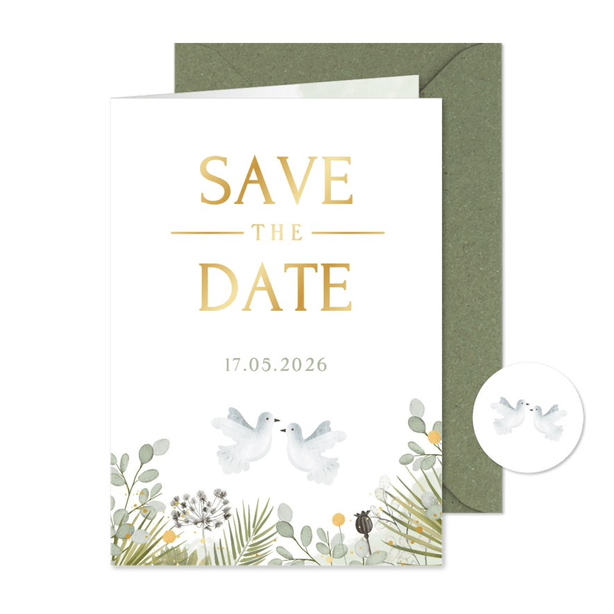 Stijlvolle Save the Date kaart met 2 witte duiven en planten - Kaartimpressie