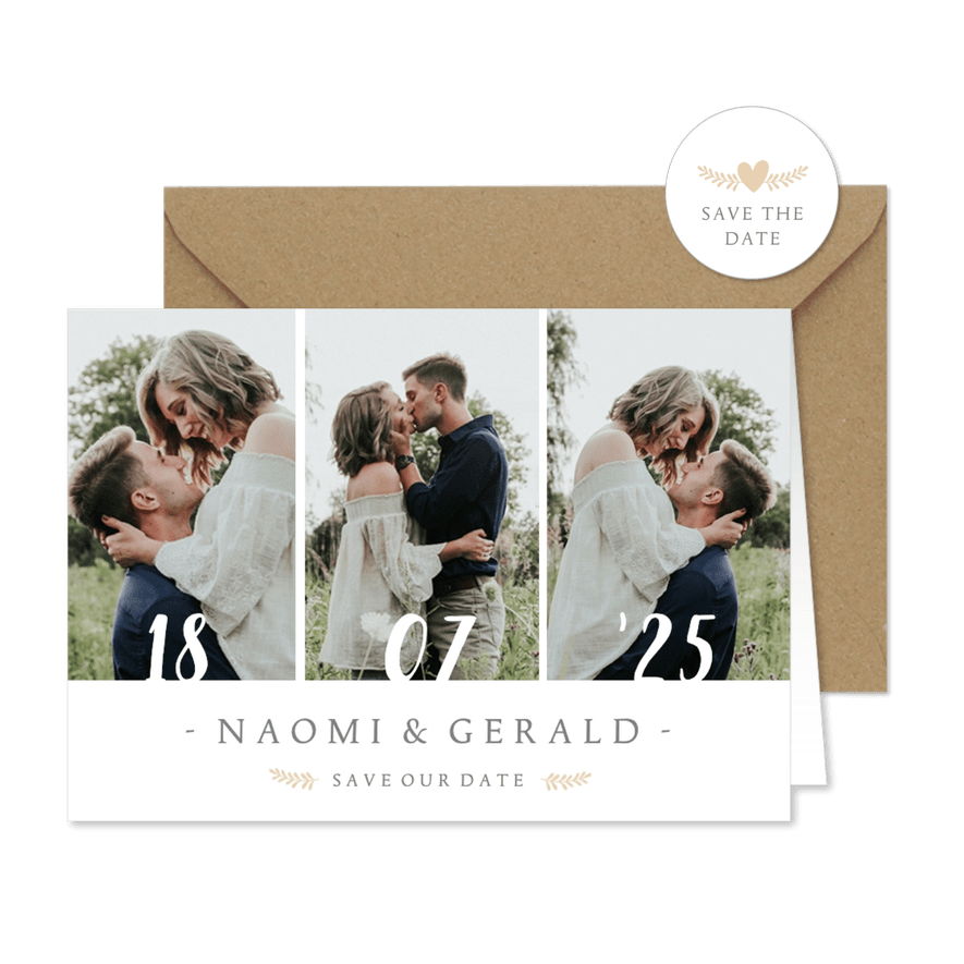 Stijlvolle Save the Date kaart met 3 foto's en trouwdatum - Kaartimpressie