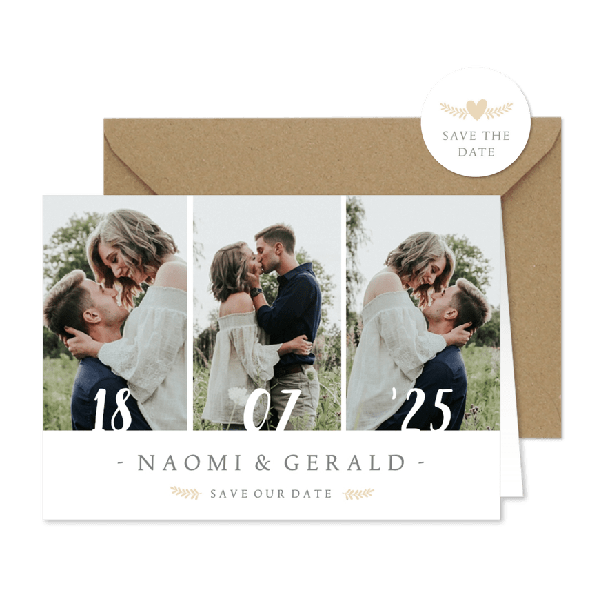 Stijlvolle Save the Date kaart met 3 foto's en trouwdatum - Kaartimpressie