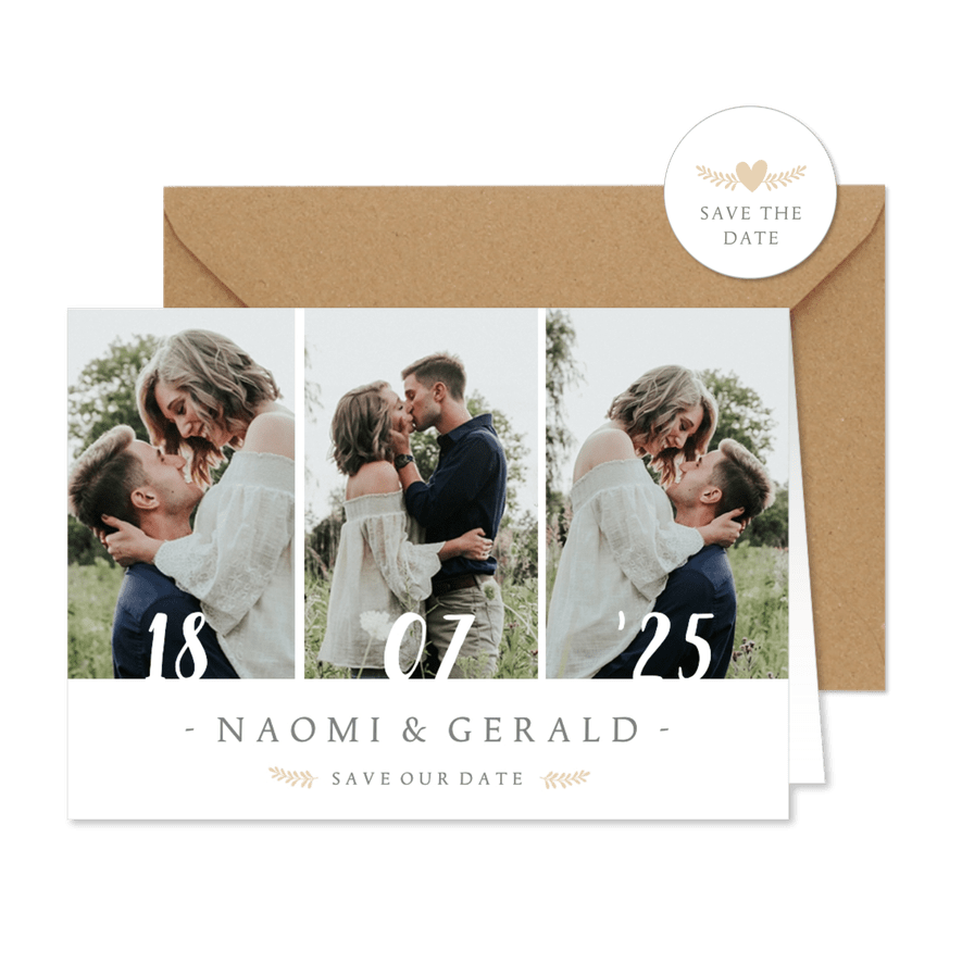 Stijlvolle Save the Date kaart met 3 foto's en trouwdatum - Kaartimpressie