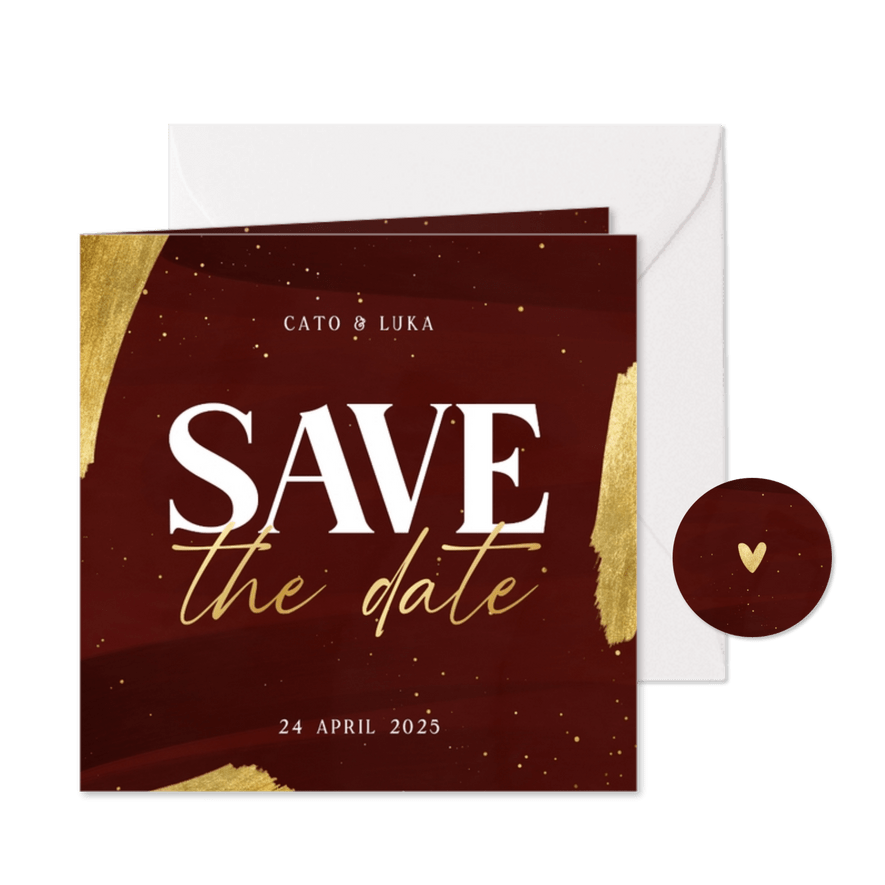 Stijlvolle save the date kaart met gouden spetters verf rood - Kaartimpressie