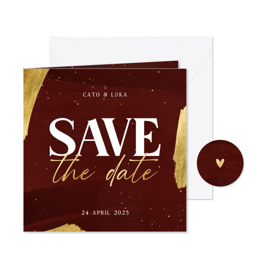 Stijlvolle save the date kaart met gouden spetters verf rood - Kaartimpressie