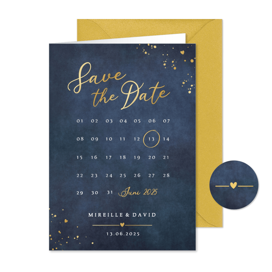 Stijlvolle Save the Date kaart met kalender en goudfolie - Kaartimpressie