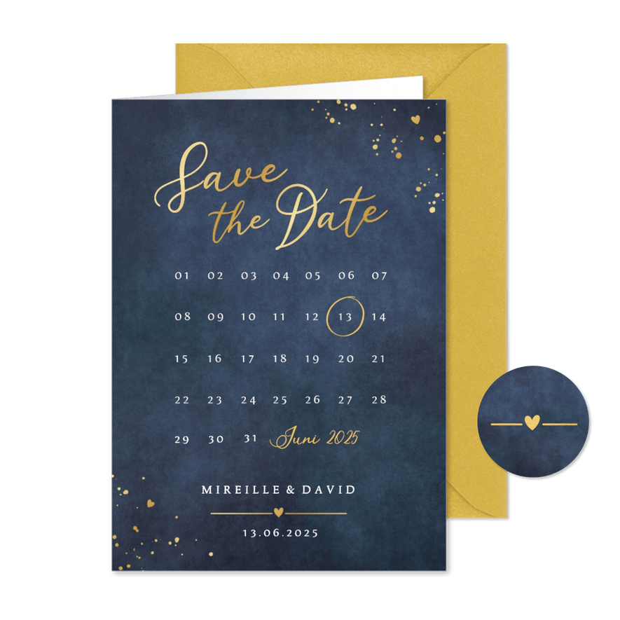 Stijlvolle Save the Date kaart met kalender en goudfolie - Kaartimpressie
