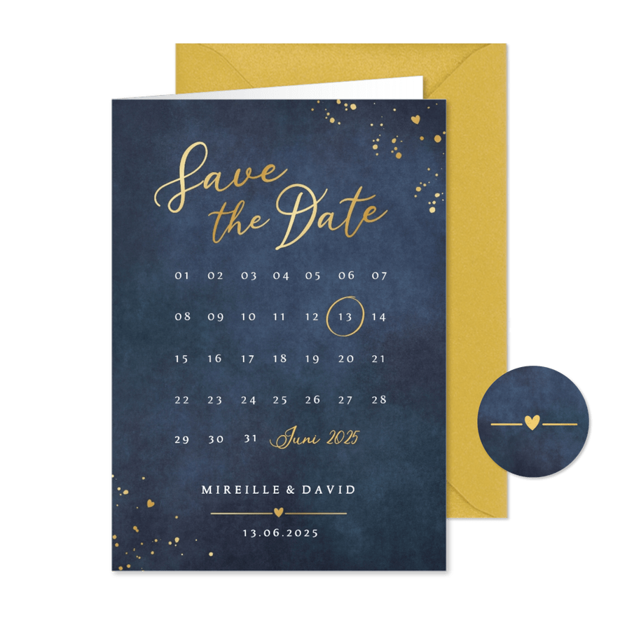 Stijlvolle Save the Date kaart met kalender en goudfolie - Kaartimpressie