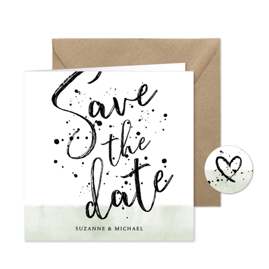 Stijlvolle save the date kaart met waterverf en typografie - Kaartimpressie