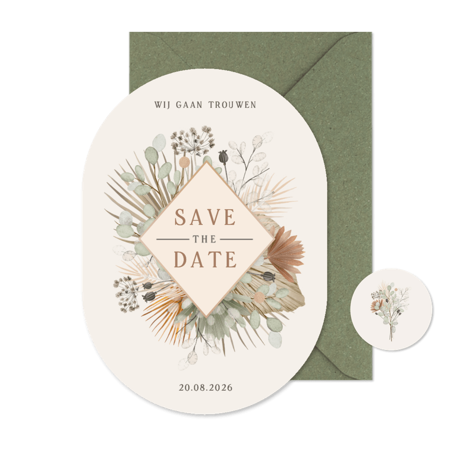 Stijlvolle Save the Date kaart ovaal droogbloemen botanisch  - Kaartimpressie