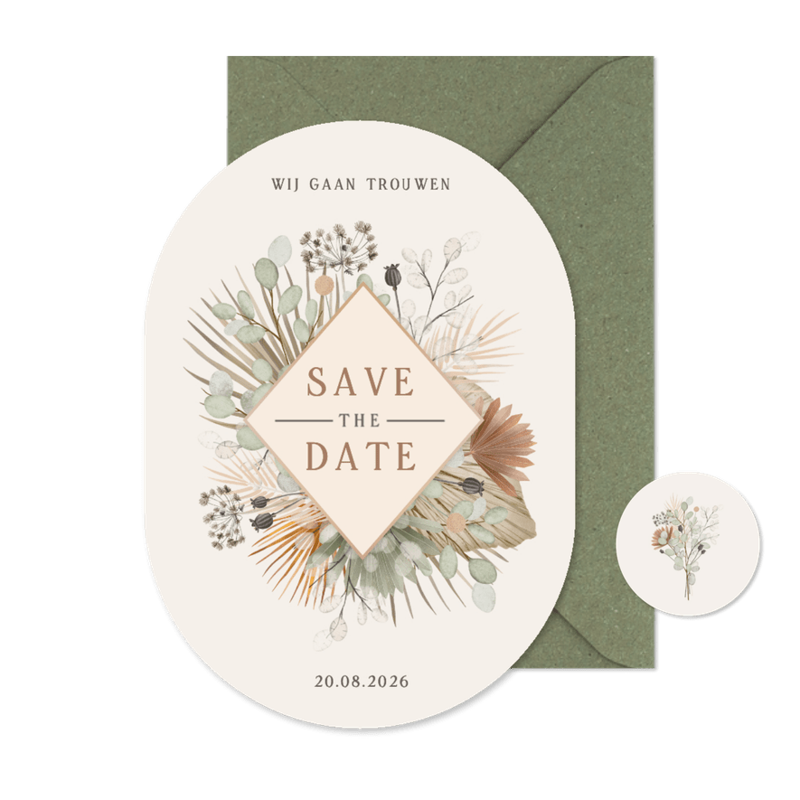Stijlvolle Save the Date kaart ovaal droogbloemen botanisch - Kaartimpressie