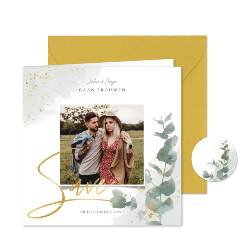 Stijlvolle save the date kaart planten & goud in waterverf - Kaartimpressie