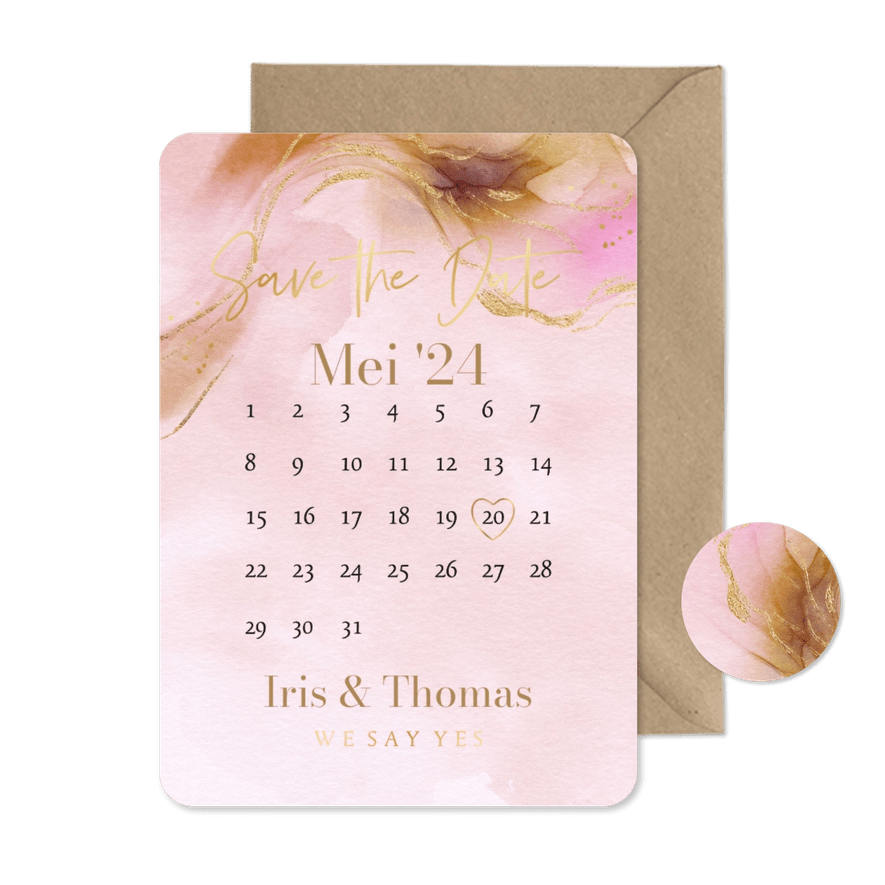 Stijlvolle Save the Date kalender bohemian watercolor goud - Kaartimpressie