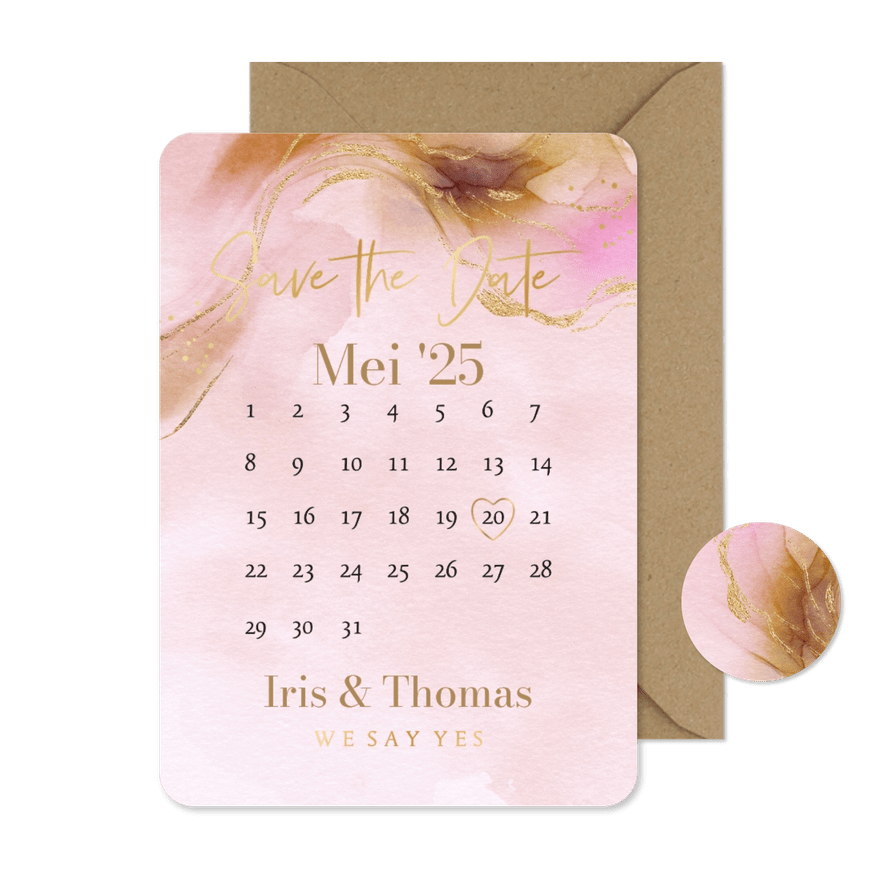 Stijlvolle Save the Date kalender bohemian watercolor goud - Kaartimpressie