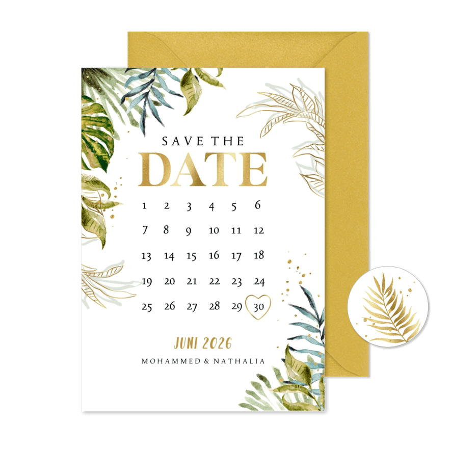 Stijlvolle save the date kalender botanisch watercolour goud - Kaartimpressie