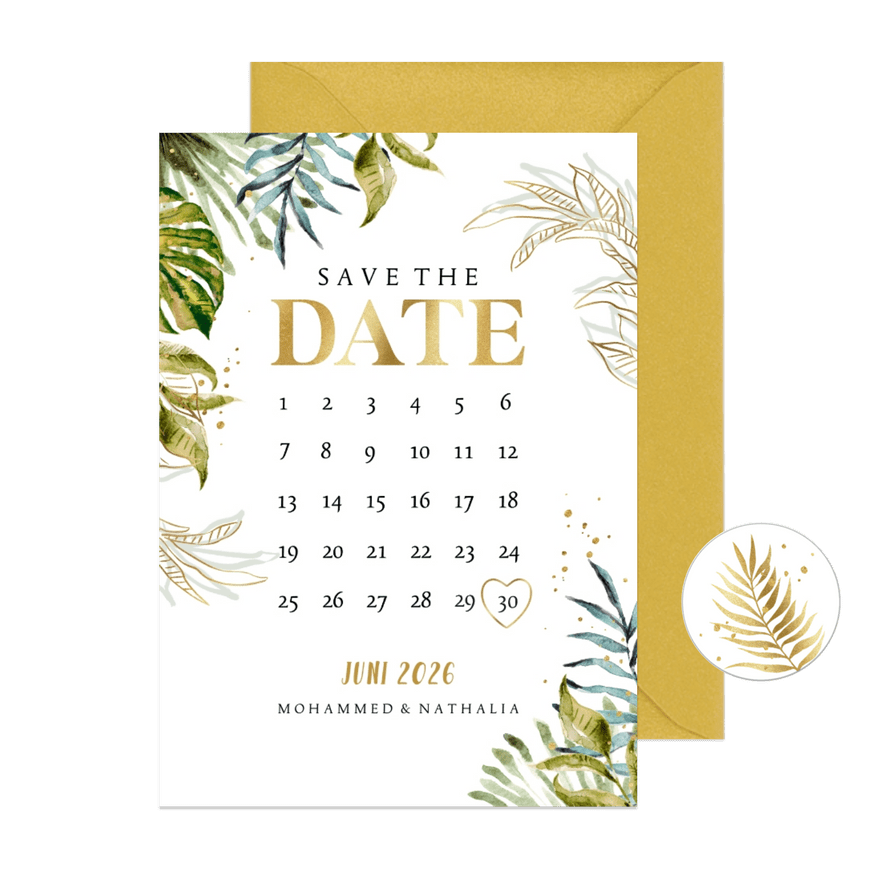 Stijlvolle save the date kalender botanisch watercolour goud - Kaartimpressie