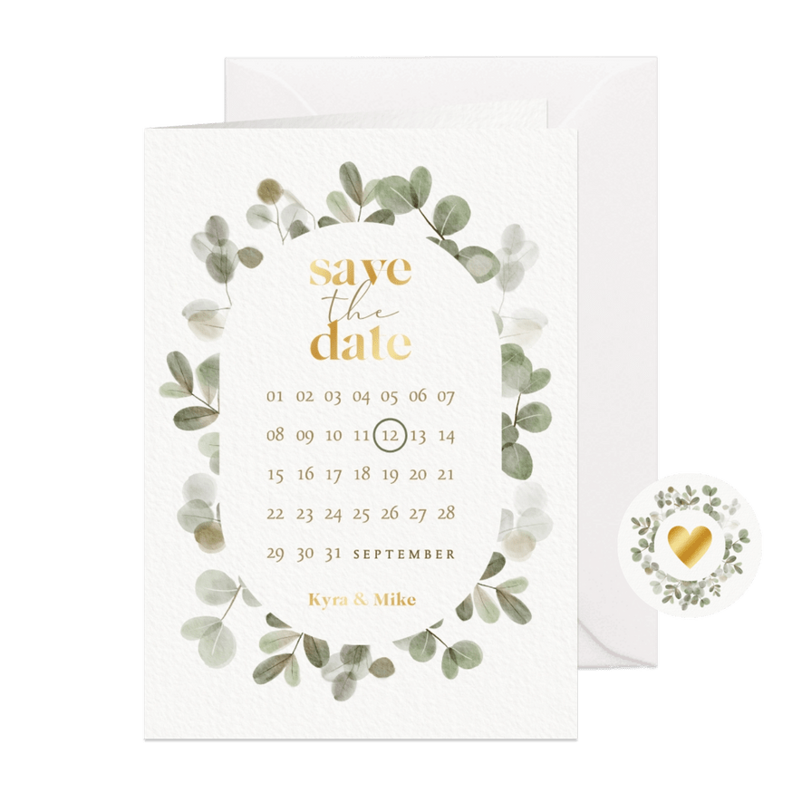 Stijlvolle save the date kalender eucalyptus en goudfolie - Kaartimpressie