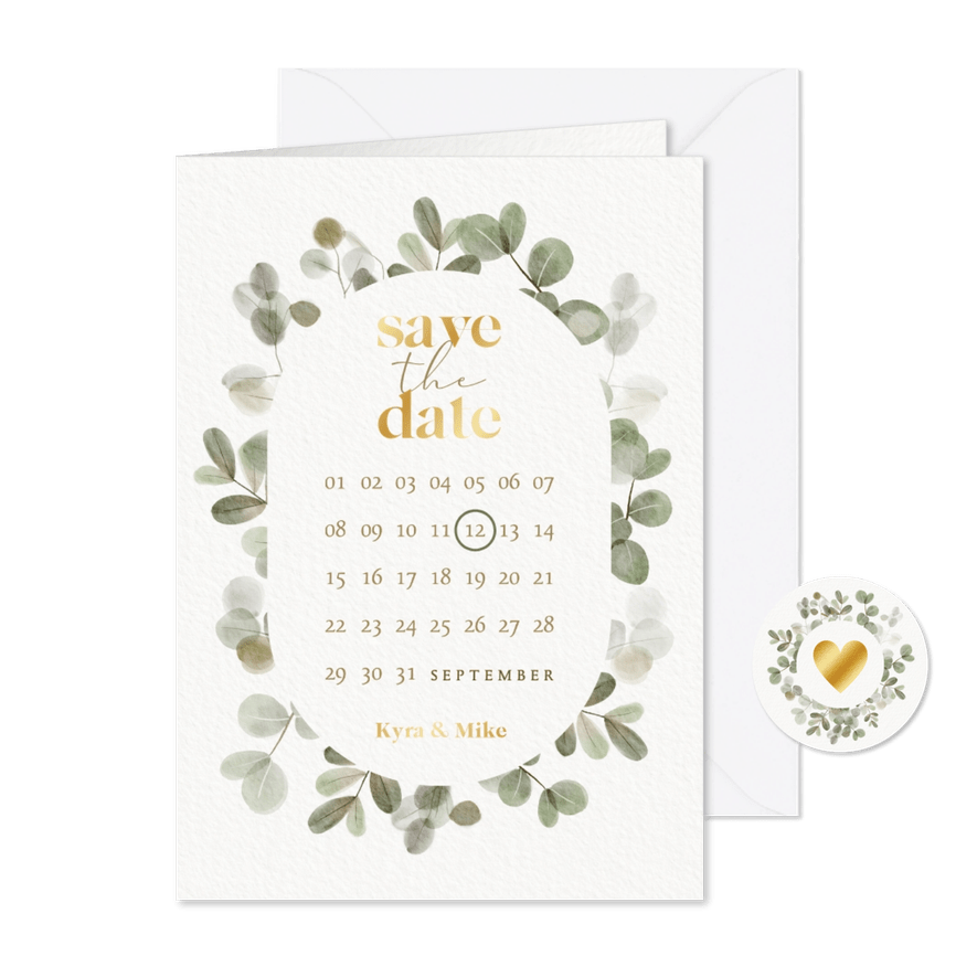 Stijlvolle save the date kalender eucalyptus en goudfolie - Kaartimpressie