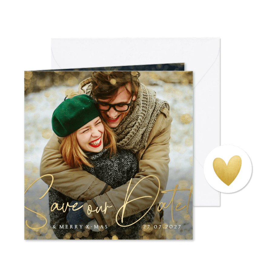 Stijlvolle Save the Date kerstkaart met grote eigen foto - Kaartimpressie