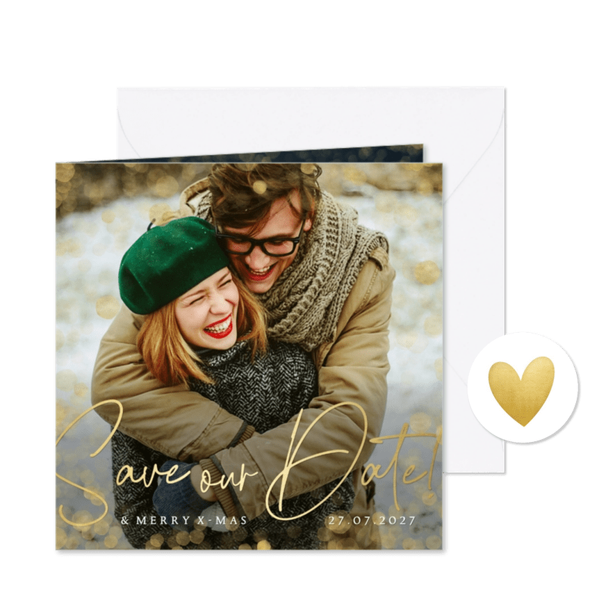 Stijlvolle Save the Date kerstkaart met grote eigen foto - Kaartimpressie