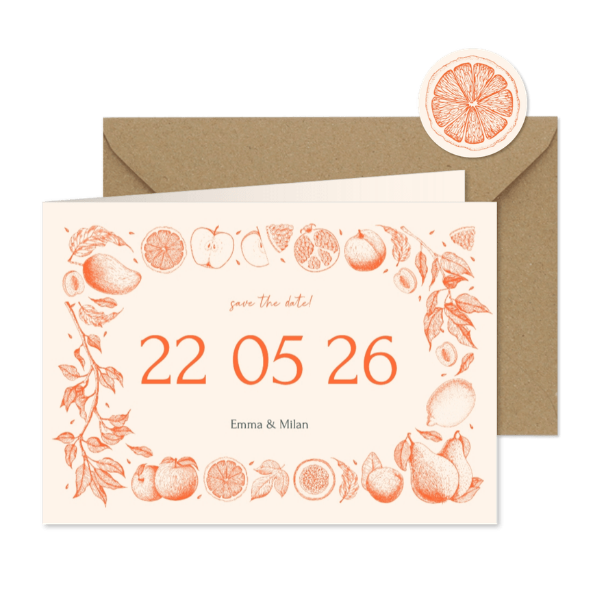 Stijlvolle save the date met vintage tekeningen van fruit - Kaartimpressie