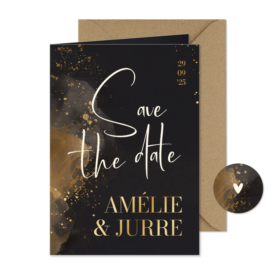 Stijlvolle save the date trouwen donker grijs waterverf goud - Kaartimpressie