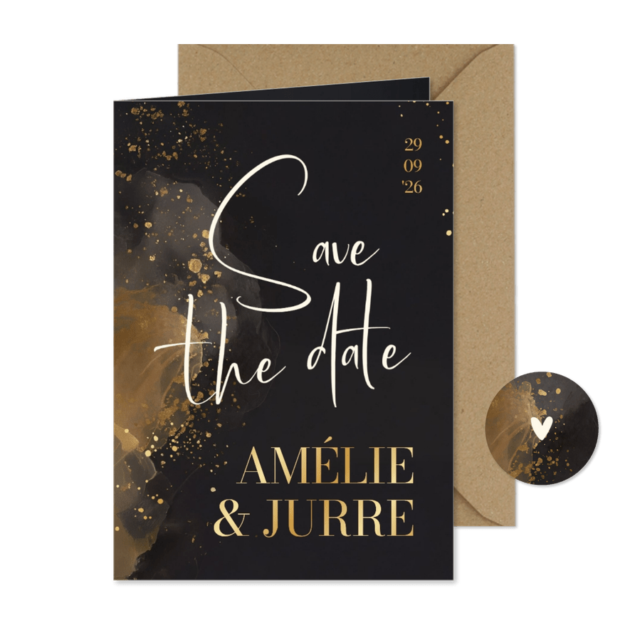 Stijlvolle save the date trouwen donker grijs waterverf goud - Kaartimpressie