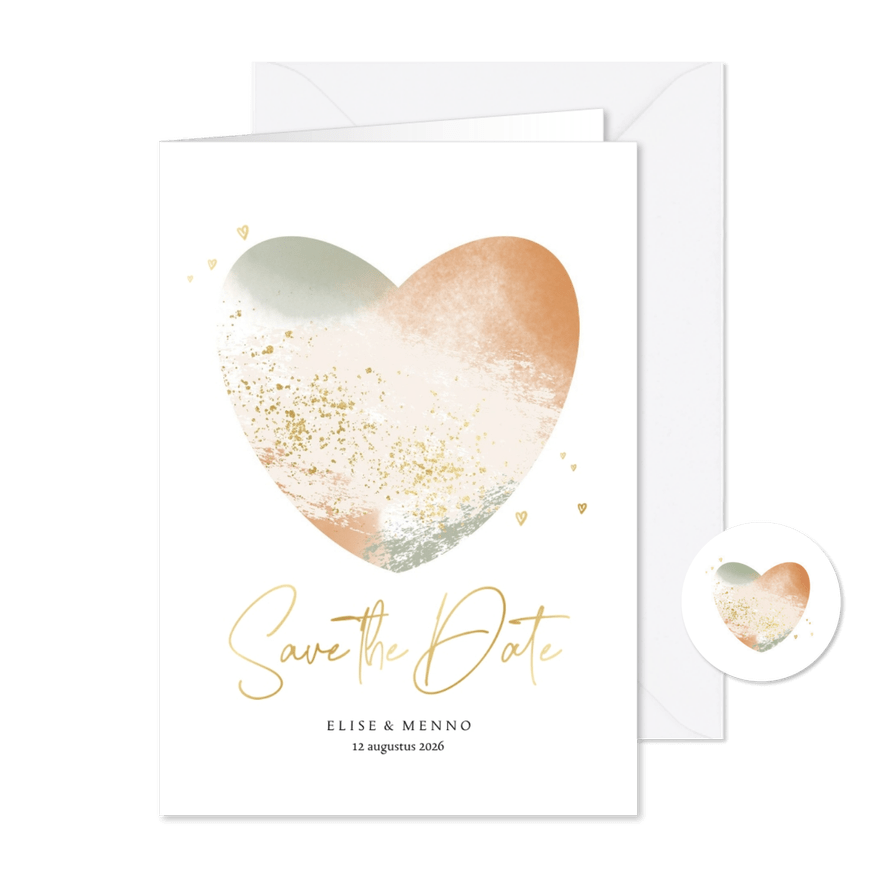 Stijlvolle Save the Date trouwkaart met gouden hartjes - Kaartimpressie