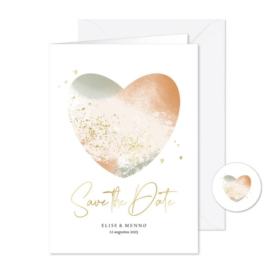 Stijlvolle Save the Date trouwkaart met gouden hartjes - Kaartimpressie