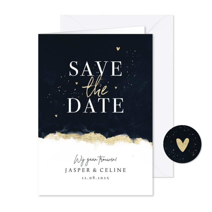 Stijlvolle save the date trouwkaart met inkt verf en goud - Kaartimpressie