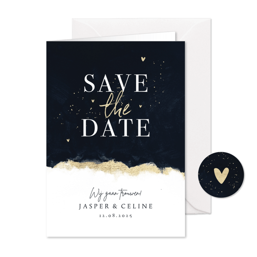 Stijlvolle save the date trouwkaart met inkt verf en goud - Kaartimpressie