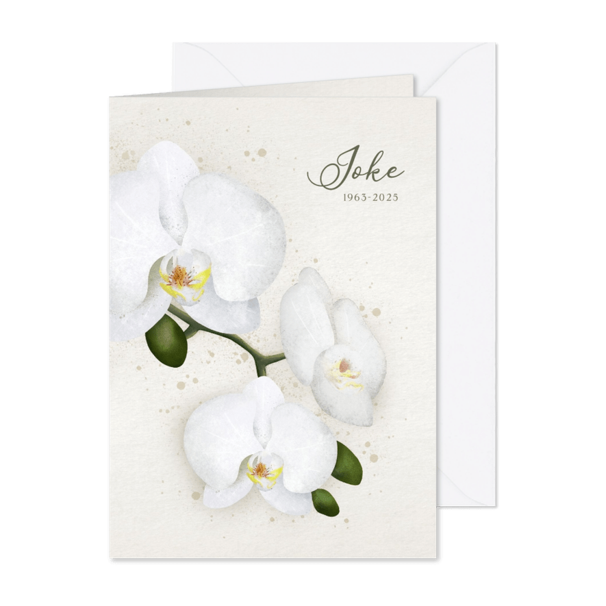 Stijlvolle staande rouwkaart met witte orchidee - Kaartimpressie