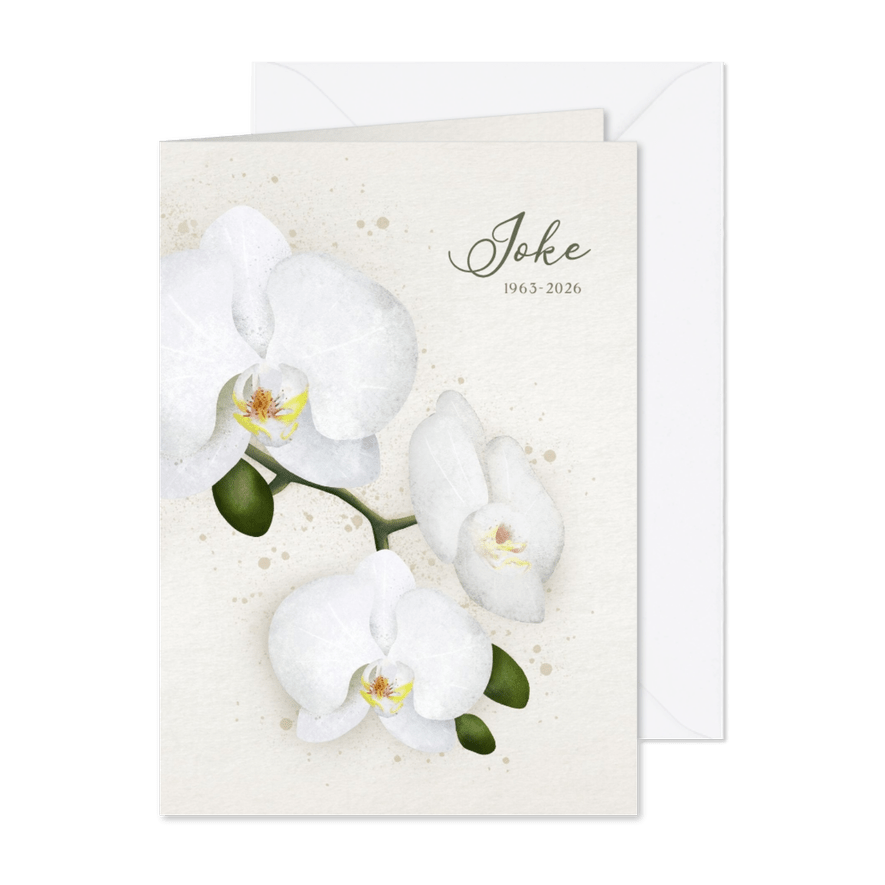 Stijlvolle staande rouwkaart met witte orchidee - Kaartimpressie