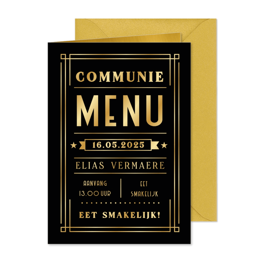 Stijlvolle stoere poster menukaart communie met foliedruk - Kaartimpressie