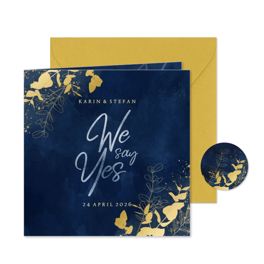 Stijlvolle trouwkaart blauwe waterverf gouden eucalyptus - Kaartimpressie