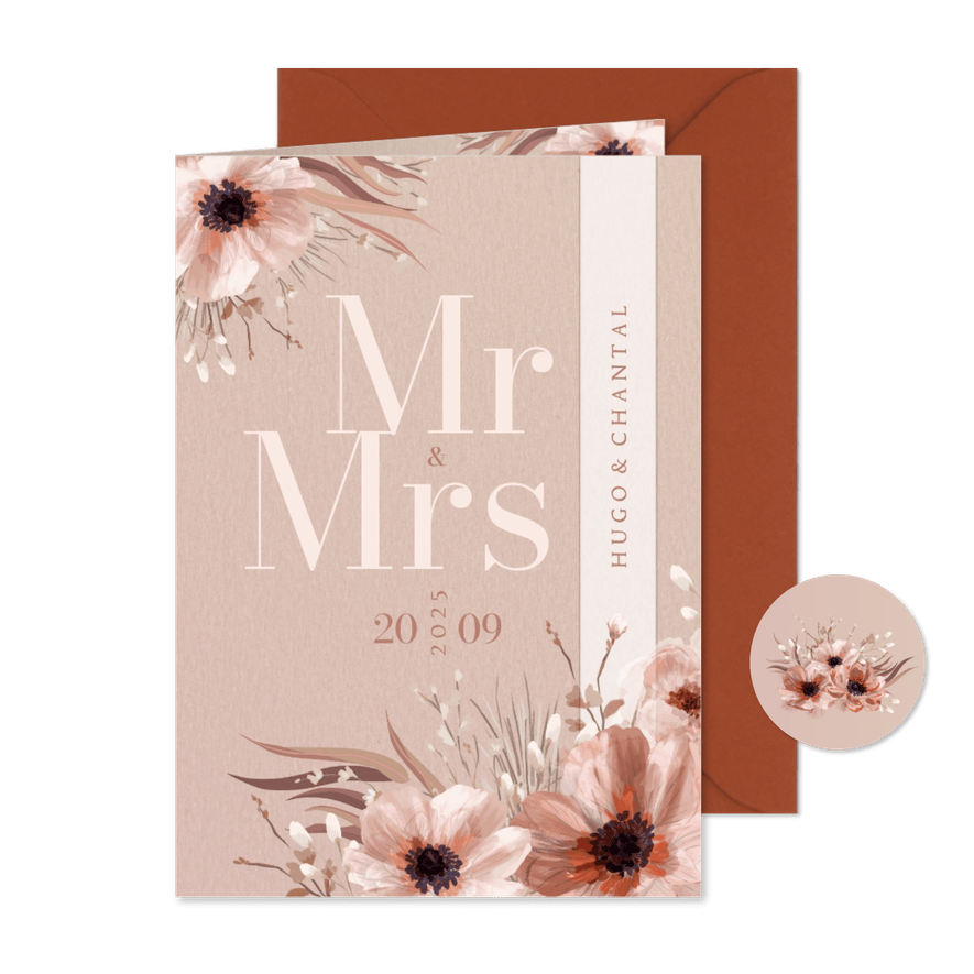 Stijlvolle trouwkaart botanisch Mr & Mrs met wikkel effect - Kaartimpressie