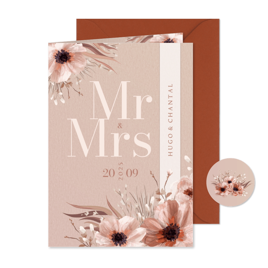 Stijlvolle trouwkaart botanisch Mr & Mrs met wikkel effect  - Kaartimpressie