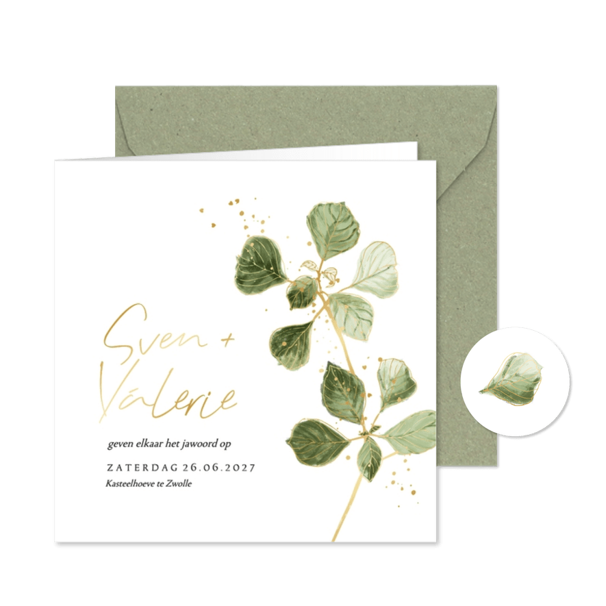 Stijlvolle trouwkaart illustratie botanisch blad lijn goud - Kaartimpressie