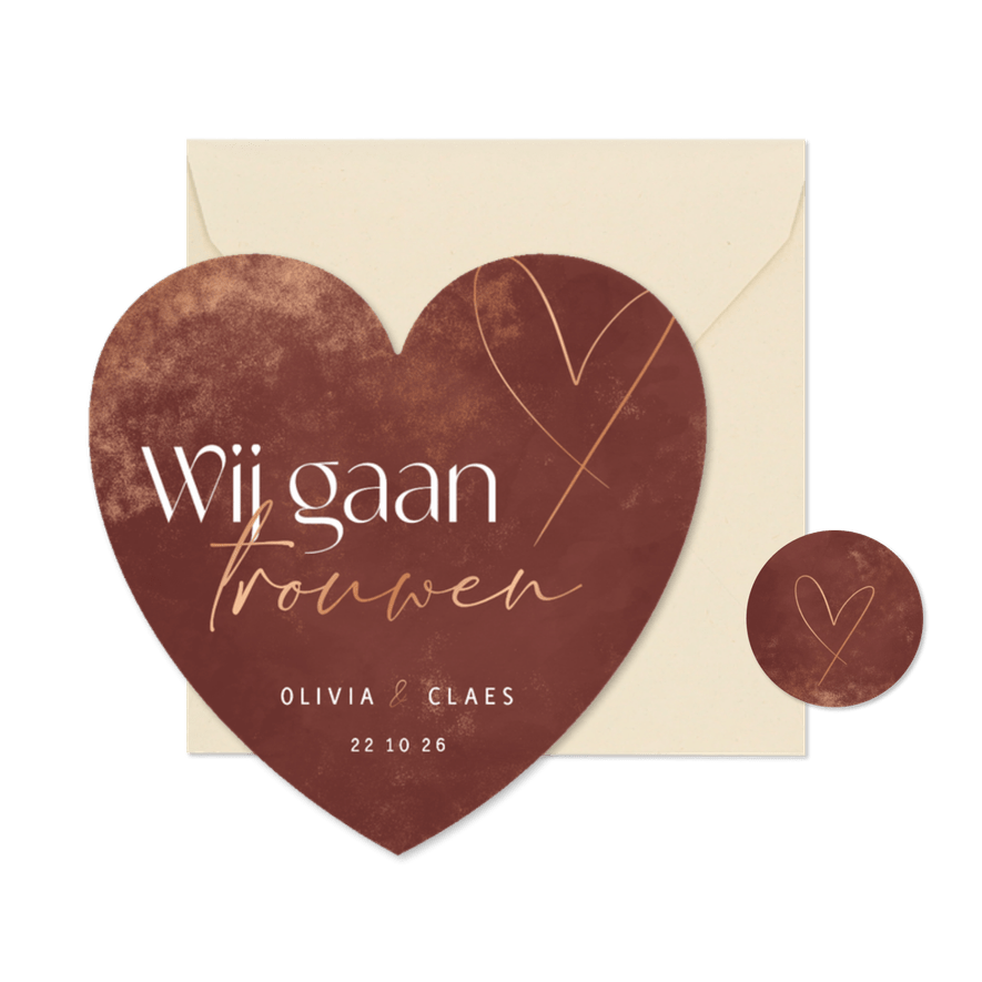 Stijlvolle trouwkaart in hartvorm met koper accenten - Kaartimpressie
