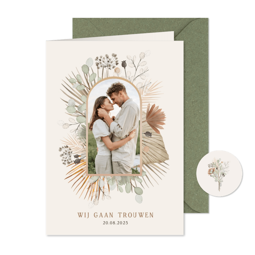 Stijlvolle trouwkaart met bohemian waterverf droogbloemen  - Kaartimpressie