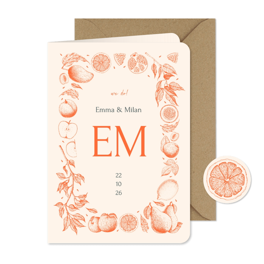 Stijlvolle trouwkaart met vintage lijntekeningen van fruit - Kaartimpressie