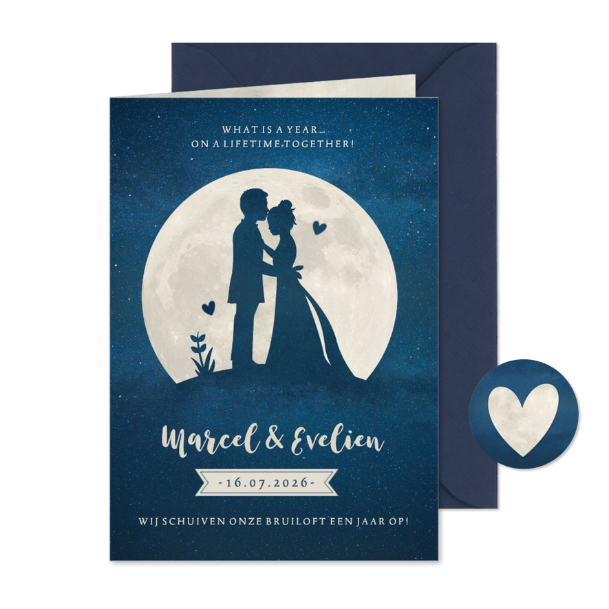 Stijlvolle trouwkaart nieuwe datum met silhouetje en maan  - Kaartimpressie