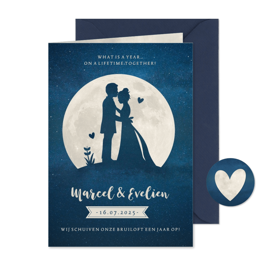 Stijlvolle trouwkaart nieuwe datum met silhouetje en maan - Kaartimpressie